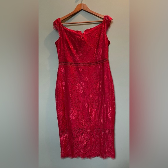 ALLANDWELL Womens Red Floral Lace Short Sleeve Knee Length Bodycon Dress Size XL - Picture 5 of 12